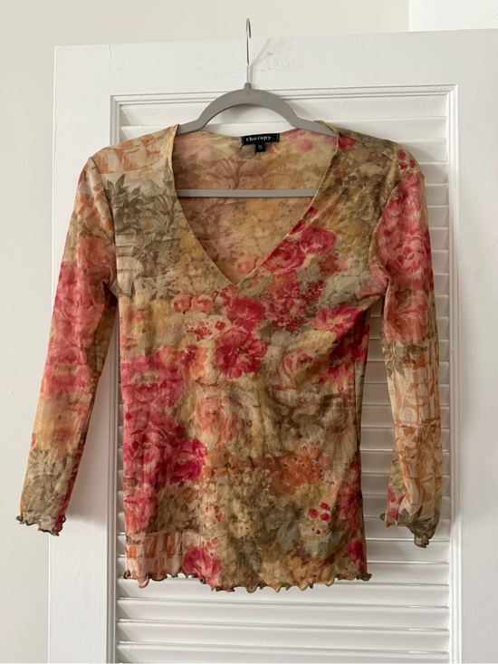 therapy Tops - Y2K Therapy Mesh Floral Top - Sheer V-Neck Lettuce Hem - Size S